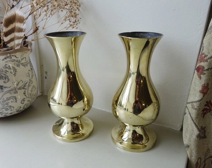 Antique Brass Vases, Pair Brass Church Vases, Matching Brass Flower