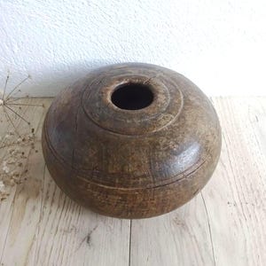 Antique wooden opium or tobacco bowl from Northern India, turned wood, very old rustic handmade wooden pot, container, made in India