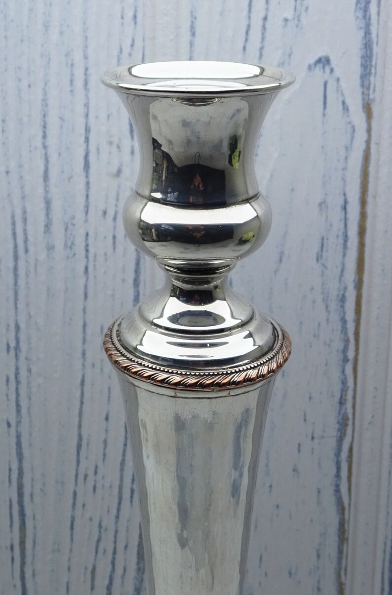 hammered silver silver plate candle holder Round base Georgian style 19th century candlestick holder Victorian silver plated candlestick