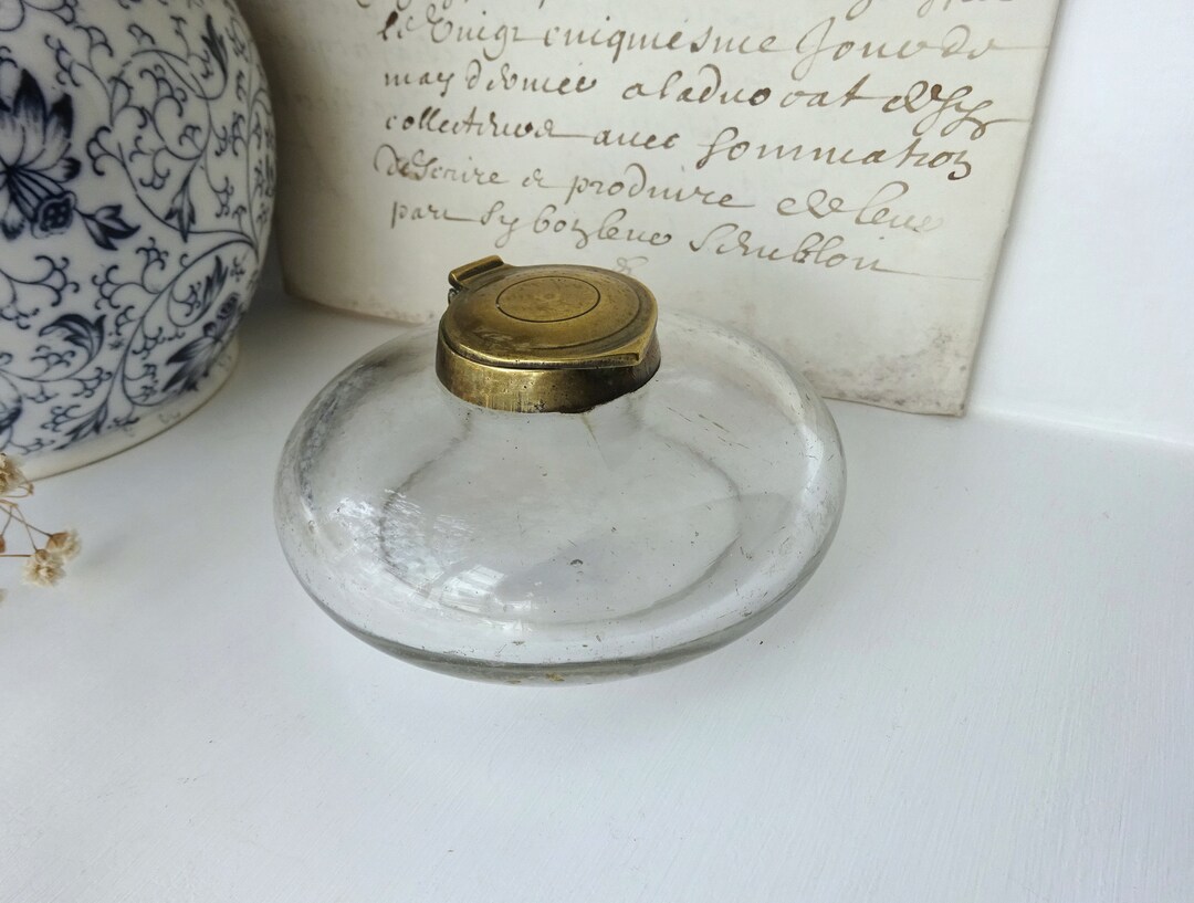 Antique Glass Inkwell With a Brass Hinged Lid, Early 20th Century Desk ...