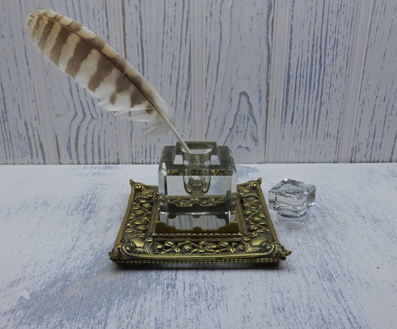 style of William Tonks Victorian brass inkstand with faceted glass inkwell with stopper writing desk decor calligraphy Antique ink pot