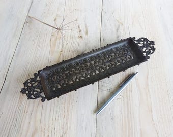 Victorian ornate brass pen tray by Townshend & Thompson, pierced foliate pattern, lovely original patina, antique desk storage, mantique