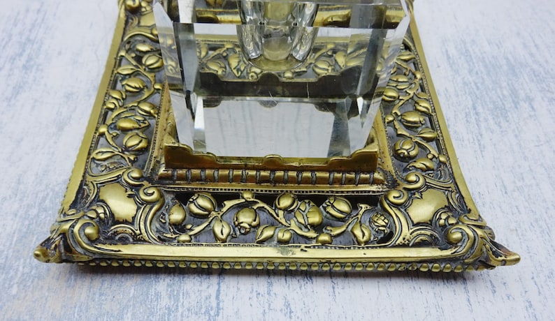 style of William Tonks Victorian brass inkstand with faceted glass inkwell with stopper writing desk decor calligraphy Antique ink pot