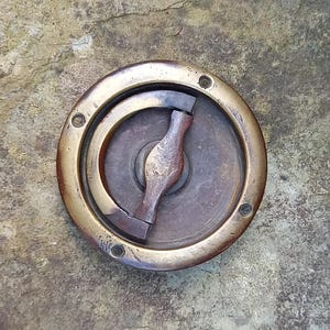 Antique brass flush pull handle, industrial style pull for hatch or sliding door, possibly from a ship, nautical decor