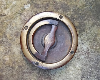 Antique brass flush pull handle, industrial style pull for hatch or sliding door, possibly from a ship, nautical decor