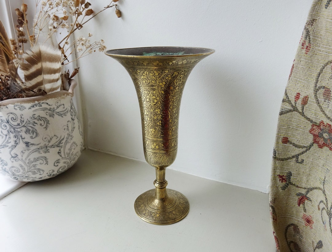 Antique Kashmiri Bronze & Brass Vase, Etched Brass With Foliate Pattern