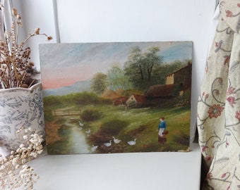 Antique oil painting signed T. Islip, naive art, woman with geese, rural landscape, early 20th century art, Winsor & Newton board, Edwardian