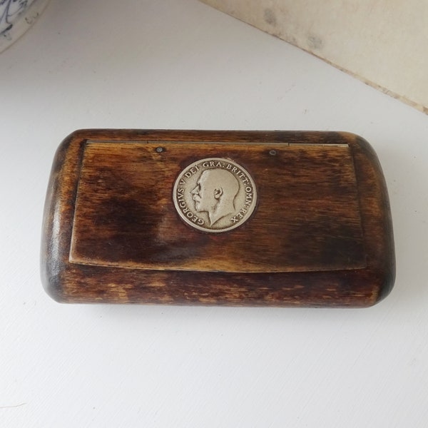 Antique walnut snuff box, hinged wooden treen box with silver (?) George V sixpence coin inset on the lid, old patina, tobacciana, film prop