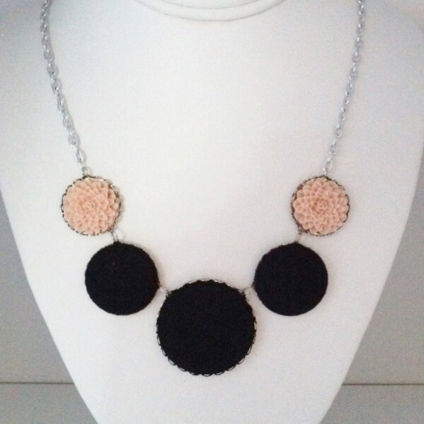 Nude and Black Statement Necklace  /  Flower Necklace  /  Button Necklace