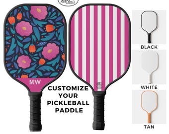 Personalized Custom Monogram Pickleball Paddle With Pretty Black, Pink & Blue Cute Floral And Stripe Print - USA Pickleball Approved