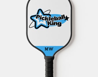 Personalized Custom Monogram Pickleball Paddle With Sporty Pickleball King Graphic With Blue, Black & White Design - USA Pickleball Approved