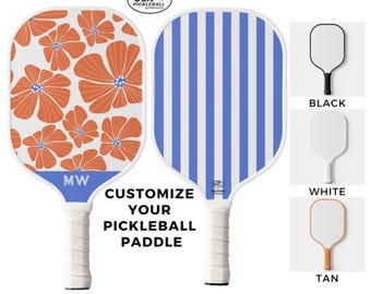 Personalized Custom Monogram Pickleball Paddle With Pretty Orange, Blue and Cute White Retro Floral & Stripe Print - USA Pickleball Approved