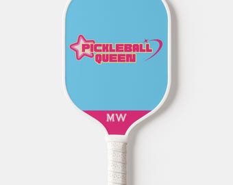 Personalized Custom Monogram Pickleball Paddle And Cute Pickleball Queen Graphic With Blue, Pink & Yellow Design - USA Pickleball Approved