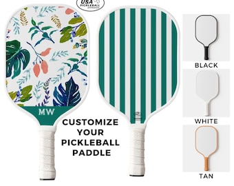 Personalized Custom Monogram Pickleball Paddle With White, Green, Blue & Tropical Pretty Palm Floral Stripe Print - USA Pickleball Approved