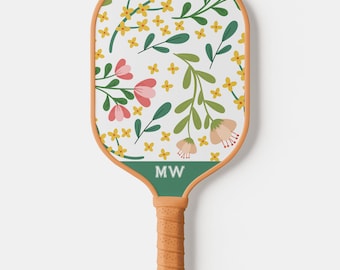 Personalized Custom Monogram Pickleball Paddle With Pretty Green, Pink and Cute White Floral & Stripe Print - USA Pickleball Approved