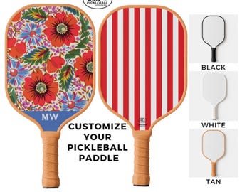 Custom Monogram Pickleball Paddle Personalized With Cute Floral Red, Blue, and White Pretty Flower & Stripe Print - USA Pickleball Approved