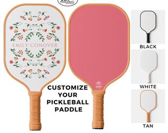 Cute Personalized Custom Name Pickleball Paddle With Pink & Red Flowers and Green Leaves - Solid Pinky Peach Back - USA Pickleball Approved