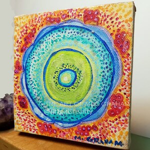 BLUE SUN, Mandala, Visionary Art, Bright Colors 4&quot;x4&quot; acrylic on canvas