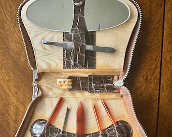 Vintage Faux Croc Manicure Set: Sheffield Tools, Travel Grooming Kit