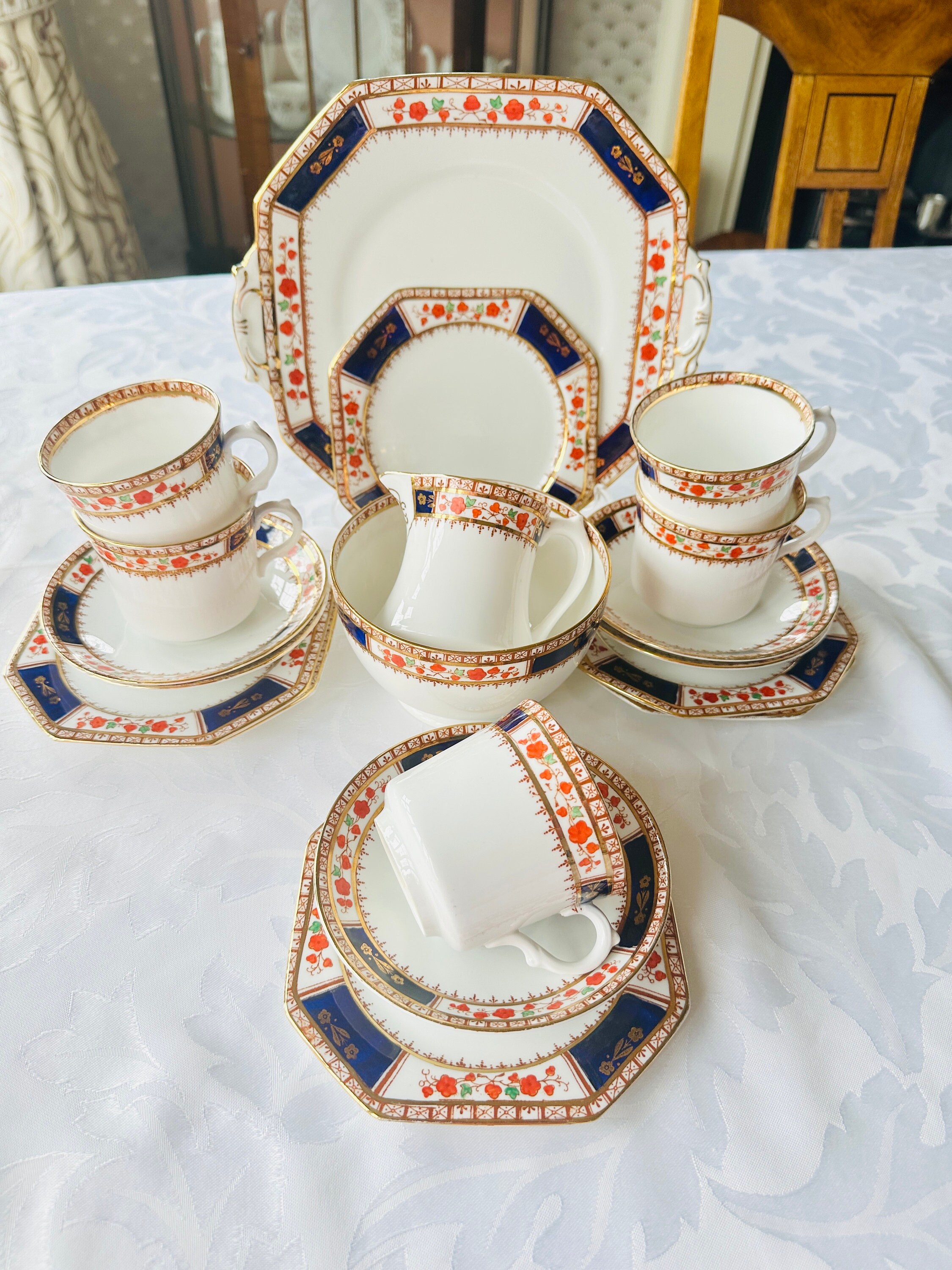 Vintage Royal Stafford Bone China Tea Set: Imari Style, 19-piece