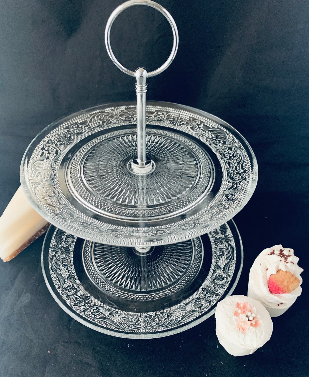 A Superb Two Tier Glass Cake Stand With Fine Scroll and Etsy UK