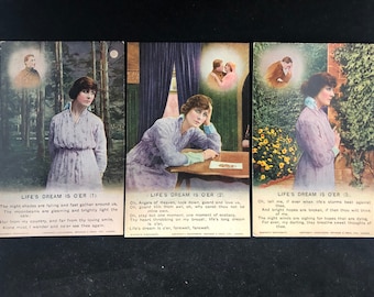 A set of 3 original WW l/ Romantic/ Love Lost song cards -&#39;Life&#39;s Dream is O&#39;er&#39; (4854)- Made by Bamforths of Holmfirth, England. c1914.