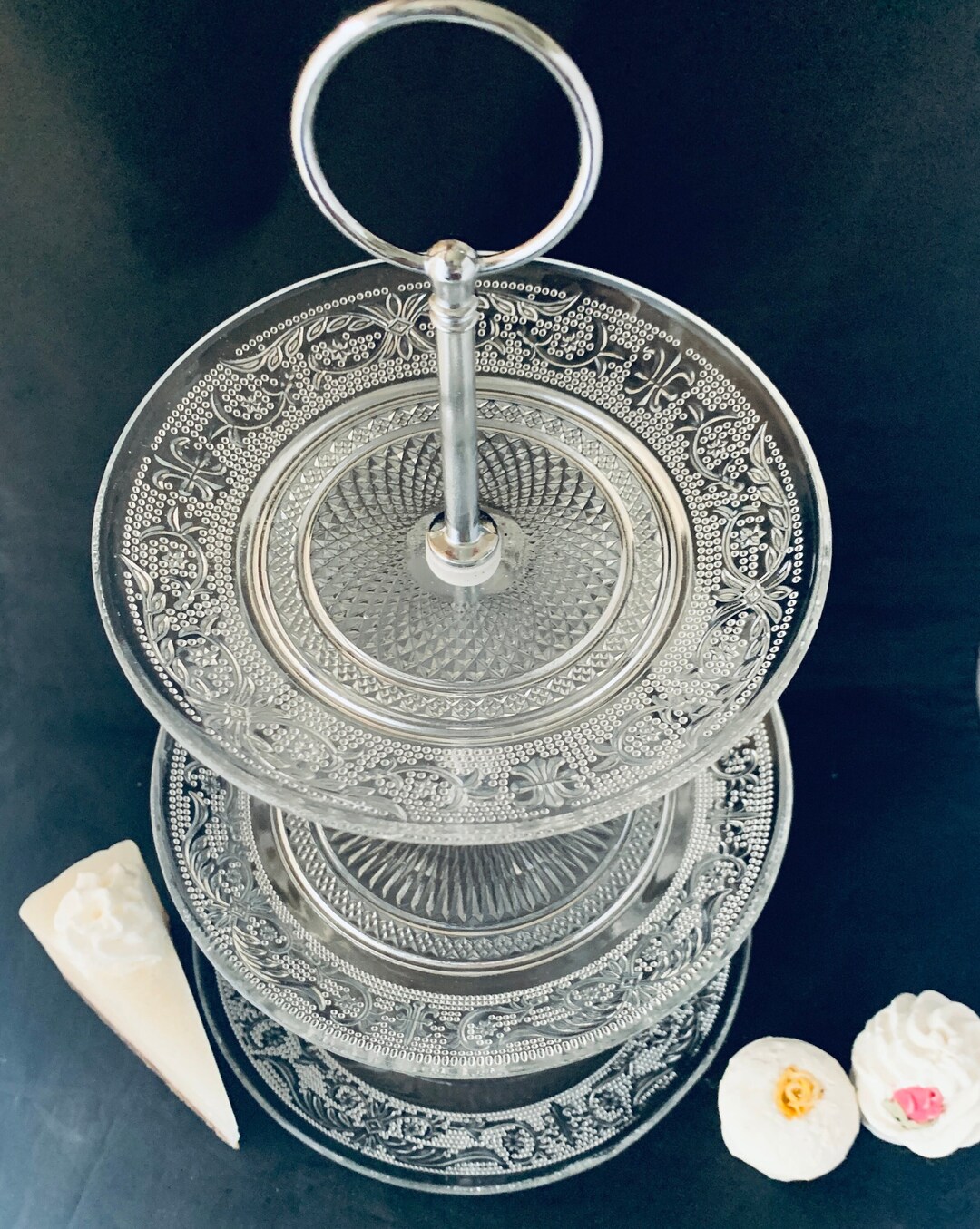 A Beautiful Three Tier Glass Cake Stand With Fine Scroll and Etsy