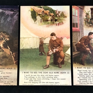Un set di 3 cartoline originali della prima guerra mondiale -'Voglio vedere di nuovo la cara vecchia casa' (4800)- Realizzate da Bamforths di Holmfirth, in Inghilterra. c1914.