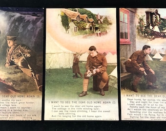 A set of 3 original  World War l song cards -&#39;I Want to see the Dear Old Home Again&#39; (4800)- Made by Bamforths of Holmfirth, England. c1914.