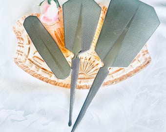 Vintage Art Deco Vanity Set, Silver Tone Mirror and Brushes, c1930