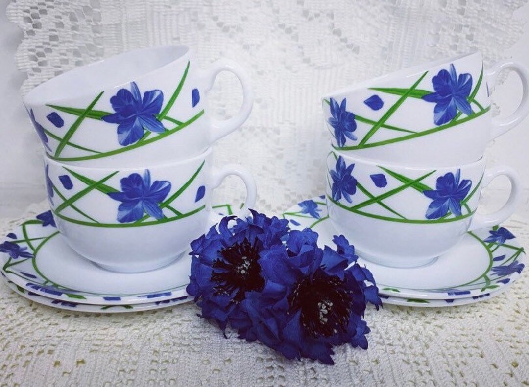 A Set of Four French Luminarc Opal Glass Cups and Saucers Etsy