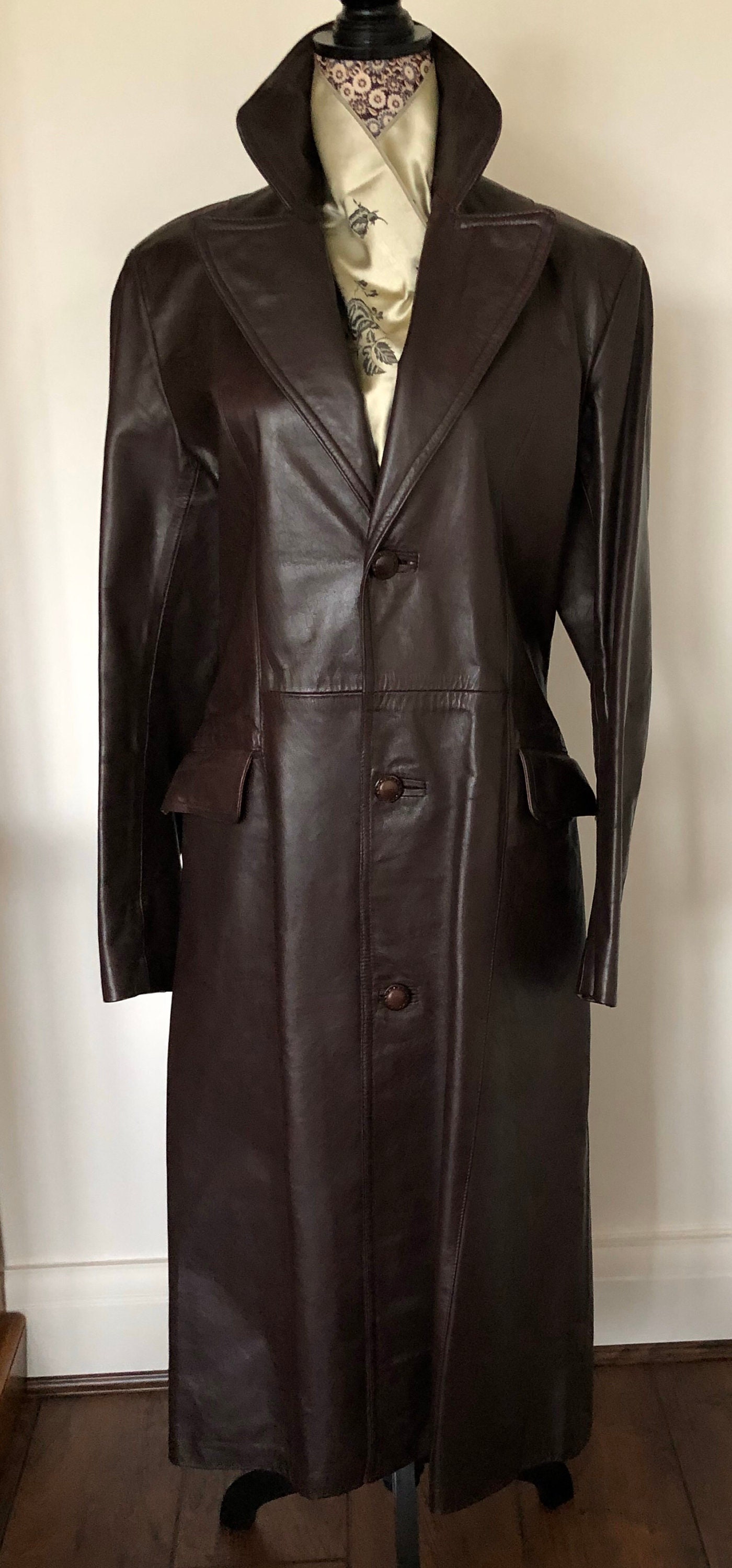 Image of A High Quality Vintage Long Brown Leather Trench Coat. Size /. Made in England & Retailed By Basra Leatherwear, Leeds. C