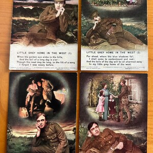 Ein Set von 4 originalen Liederkarten aus dem Ersten Weltkrieg - 'Little Grey Home in the West' (4871) Hergestellt von Bamforths of Holmfirth, England. c1914.