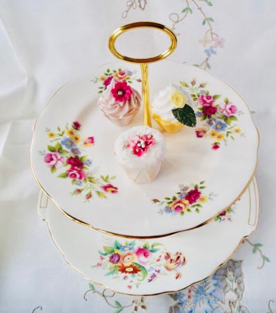 A Two Tier Mis Matched Cake Stand With Vintage Plates Etsy