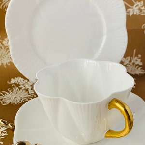 A delicate &#39;Dainty White&#39; fine bone china trio. So collectible! Made between 1925-1940.