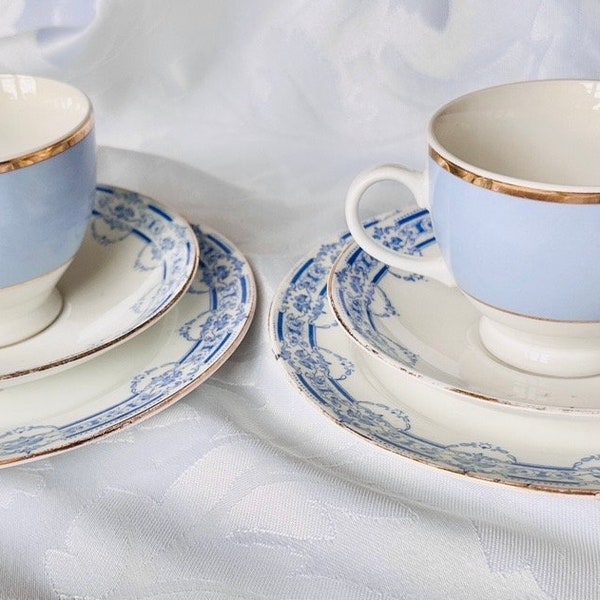 A delightful mismatched tea set for two! The cups designed by Bruce Oldfield for Royal Doulton, the saucers and tea plates are Edwardian.