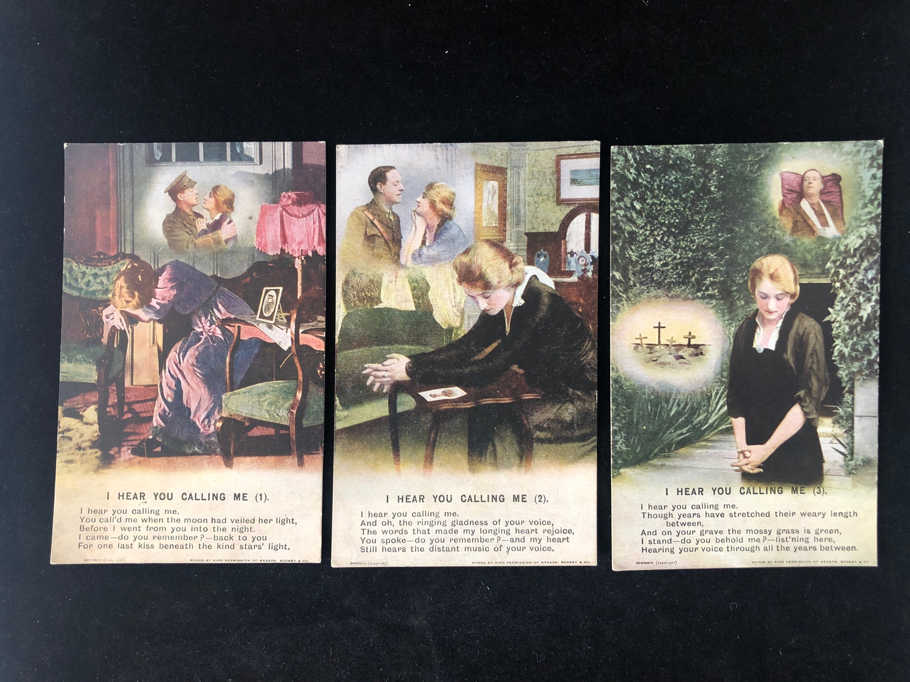 A set of 3 original  World War l song cards -'I Hear You Calling Me' (4890)- Made by Bamforths of Holmfirth, England. c1914.