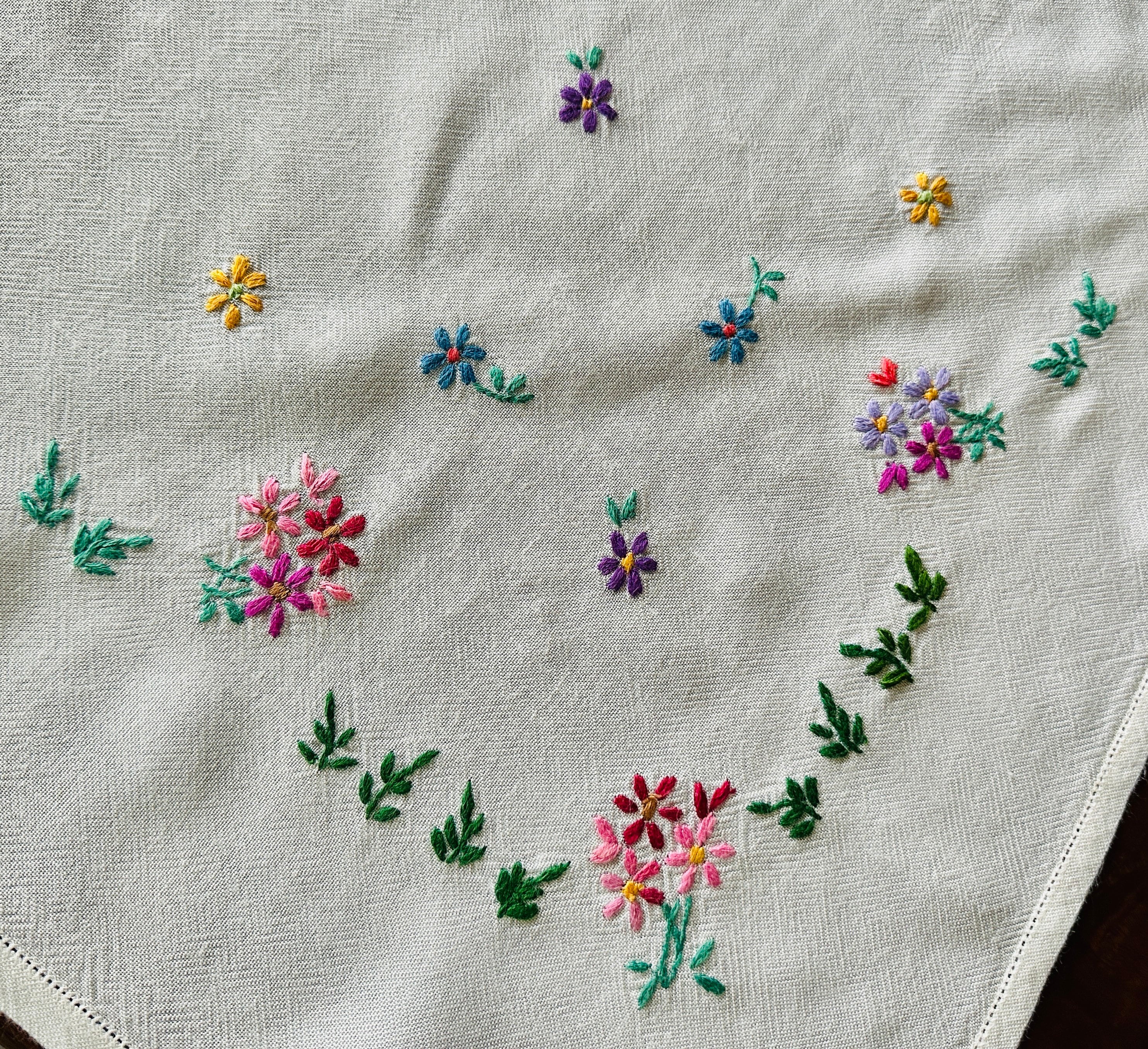 ヴィンテージ手刺繍テーブルクロス、花柄、1950年頃（34 x 31インチ