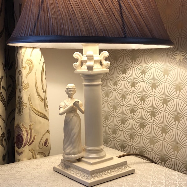 A delightful vintage Royal Creamware Luminaries lamp base with an Art Deco figurine and neoclassical column. So desirable for collectors!