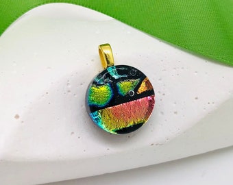 Handcrafted Dichroic Glass Pendant-Green & Pink Collage Pendant-Small Circular Pendant-Handmade Fused Glass Jewelry-Modern Artistic Pendant