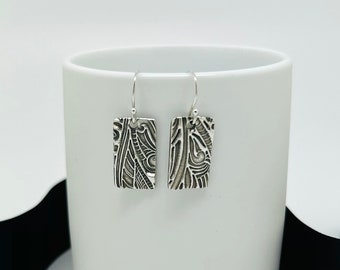 Handcrafted Fine Silver Earrings-Tribal Pattern Drop Earrings-99.9% Pure Silver-Handmade Jewelry-Antiqued Tab Earrings-Abstract Design