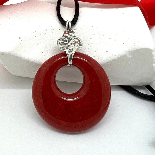 Large Handcrafted Glass Pendant-Rich Red Donut Pendant-Circle Pendant with Unique Sterling Silver Bail-Handmade Glass Jewelry-Modern Jewelry