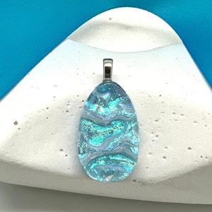Handcrafted Glass Pendant-Turquoise Dichroic Glass Pendant-Blue Teardrop Pendant-Handmade Glass Jewelry-Silver Blue Fused Glass Pendant