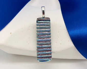 Handcrafted Dichroic Glass Pendant-Cobalt, Pink and Silver Striped Pendant, Handmade Glass Jewelry-Long Bar Pendant-Modern Glass Jewelry