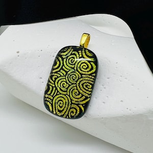 Handcrafted Dichroic Glass Pendant-Gold & Black Swirl Pendant-Handmade Fused Glass Jewelry-Medium Pendant with Gold Bail-Elegant Pendant