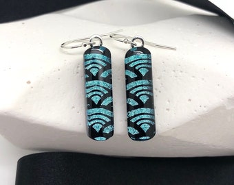 Handcrafted Dichroic Glass Earrings-Silver Blue & Black Art Deco Earrings-Handmade Fused Glass Jewelry-Etched Wave Design Dangle Earrings