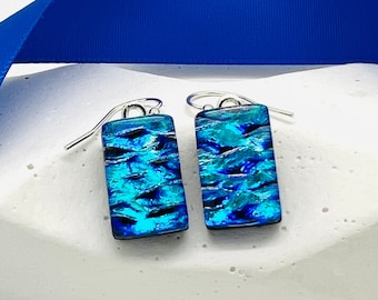 Handcrafted Dichroic Glass Earrings-Turquoise & Cobalt Textured Earrings-Silver Blue Dangle Earrings-Handmade Glass Jewelry-Modern Earrings