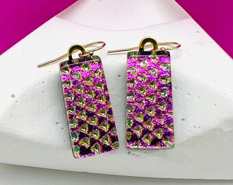 Handcrafted Dichroic Glass Earrings-Fuchsia & Gold Earrings-Long Dangle Earrings with Gold Filled Ear Wires-Handmade Fused Glass Jewelry