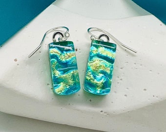 Handcrafted Dichroic Glass Earrings-Silver, Teal & Turquoise Drop Earrings-Handmade Glass Jewelry-925 Silver Ear Wires-Watercolor Earrings