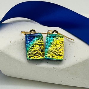 Handmade Dichroic Glass Drop Earrings: Gold & Blue Abstract Design, Gold Filled Ear Wires